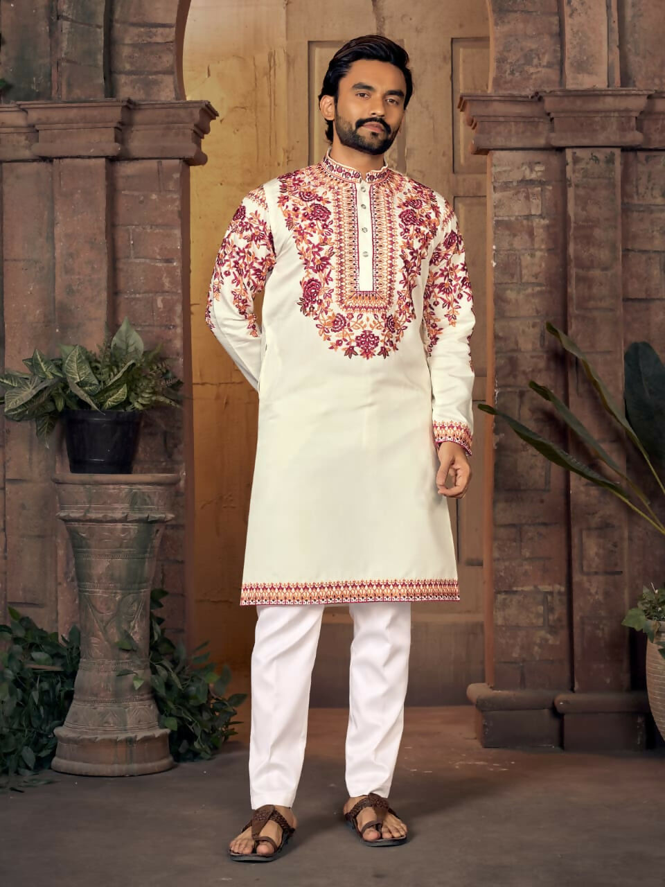 Anaita White Multi Thread Work Silk Straight Kurta