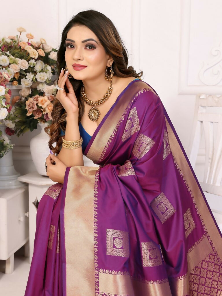 Anaita Purple Soft Silk With Zari Weaving Borders Saree With Blouse