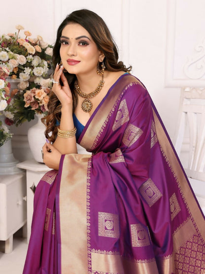 Anaita Purple Soft Silk With Zari Weaving Borders Saree With Blouse
