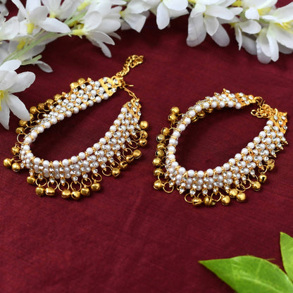 Mominos Fashion Kamal Johar Gold-Polished Pearls Anklets
