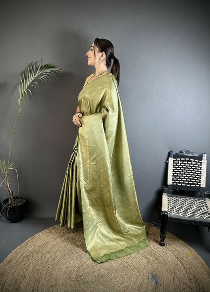 Joban Fashion Dusty Green Paisley & Floral Soft Satin Silk Banarasi Silk Saree