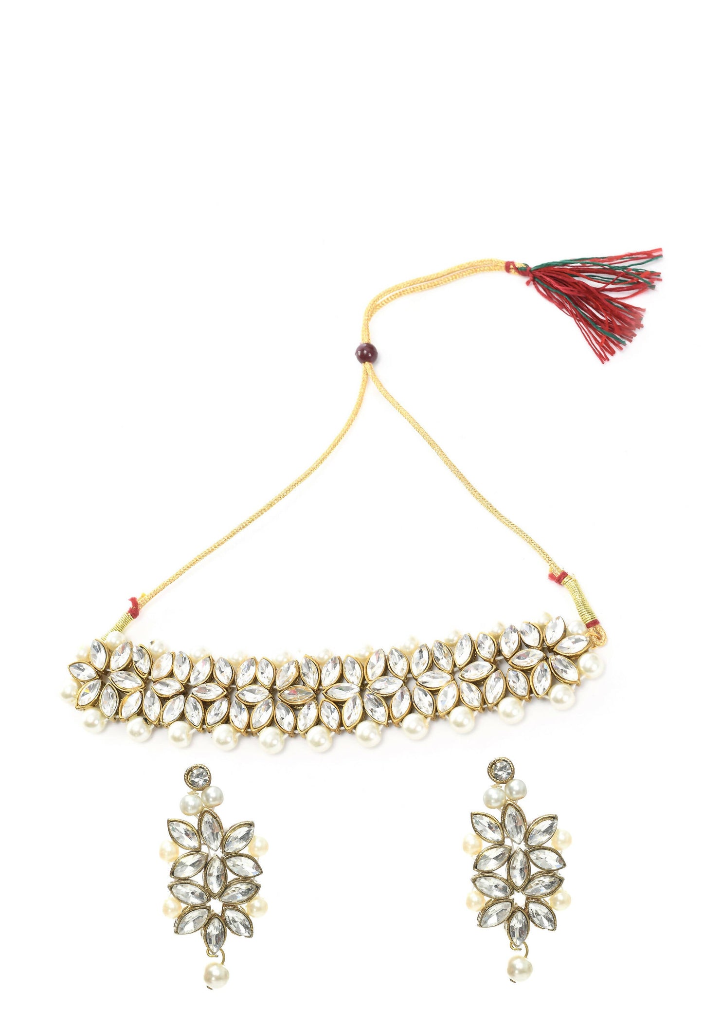 Mominos Fashion Johar Kamal Gold-Polished Brass Finish Kundan/Pearls Choker For Women (White)
