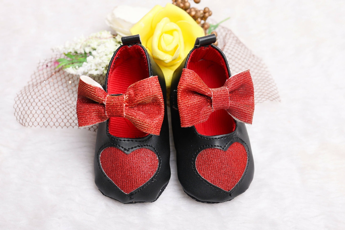 Tiny Bugs Girls Heart Bow Detailing Booties - Black & Red