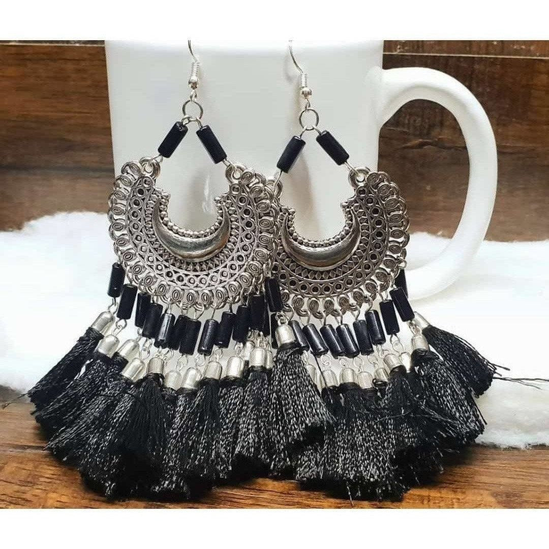 MS Fashion India Black Color Threads Oxidized Silver Afghani Chandbali Earrings