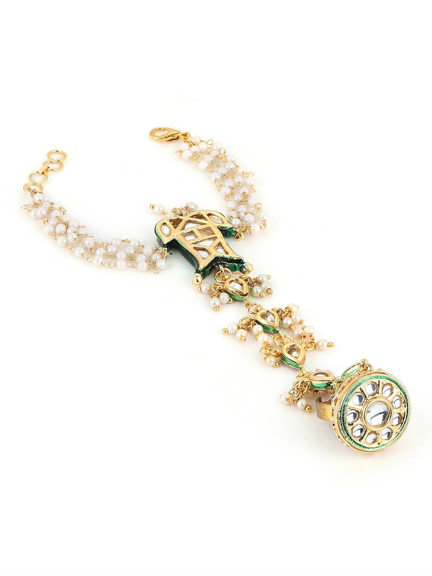 Women's Gold-Toned White Brass Kundan Gold-Polished Link Bracelet - Ruby Raang