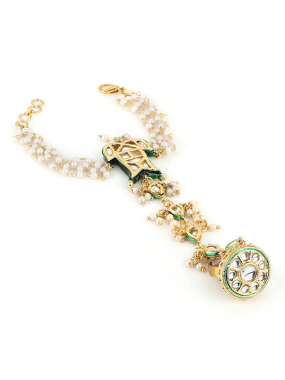 Women's Gold-Toned White Brass Kundan Gold-Polished Link Bracelet - Ruby Raang