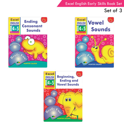 Excel English Early Skills Ages 4 - 5 Years (Set of 3) | Beginning, Ending Consonant & Vowel Sound Books for Junior KG