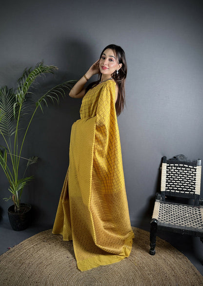 Joban Fashion Golden Yellow Banarasi Soft Lichi Silk Checks & Woven Saree