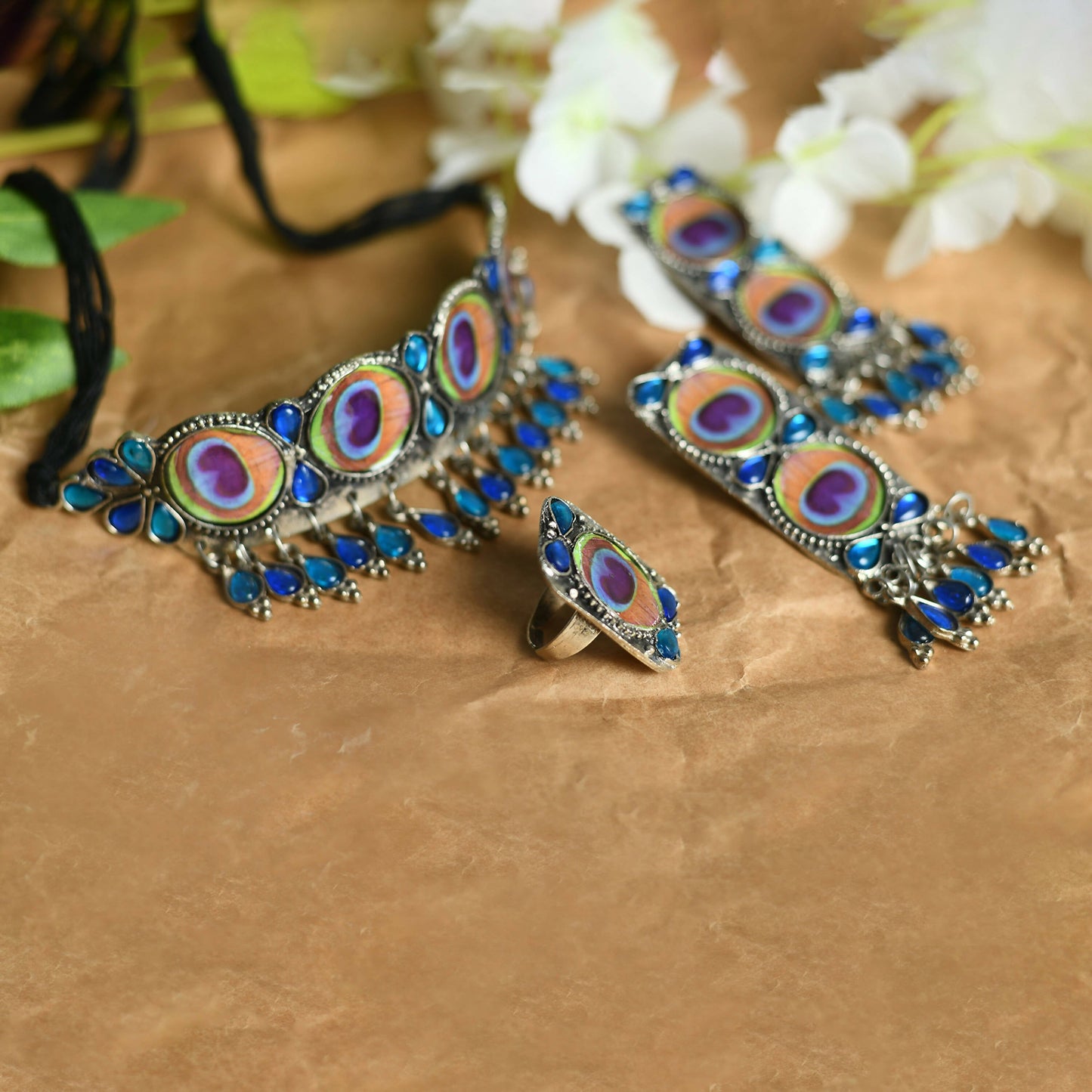 Mominos Fashion Johar Kamal Oxidised Silver-Plated Brass Finish Peacock Wings Choker For Women