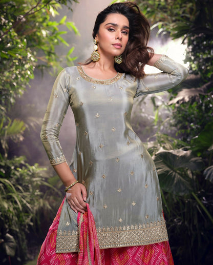 Anaita Grey Embroidered Shimmer Stitched Plazo suit