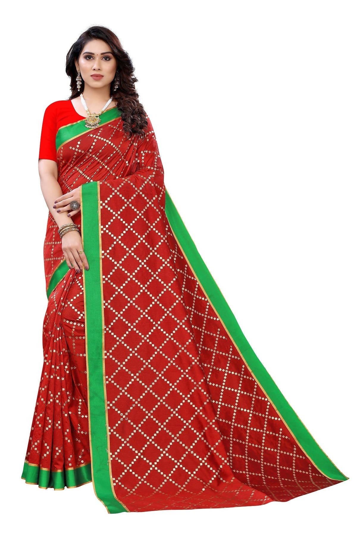 Vamika Red Linen Foil Print Saree (YOGI RED)