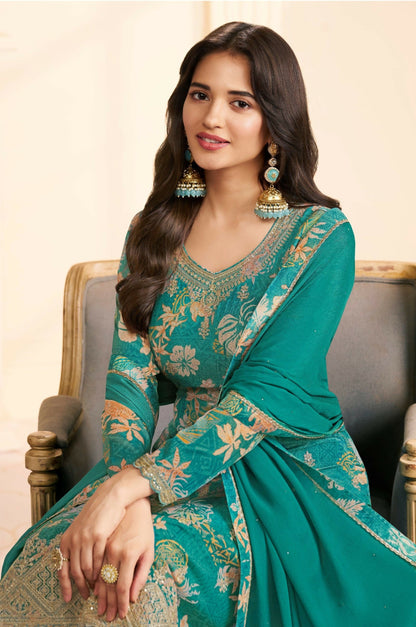 Anaita Teal Green Chinon Stitched Suit with Multi Digital Print