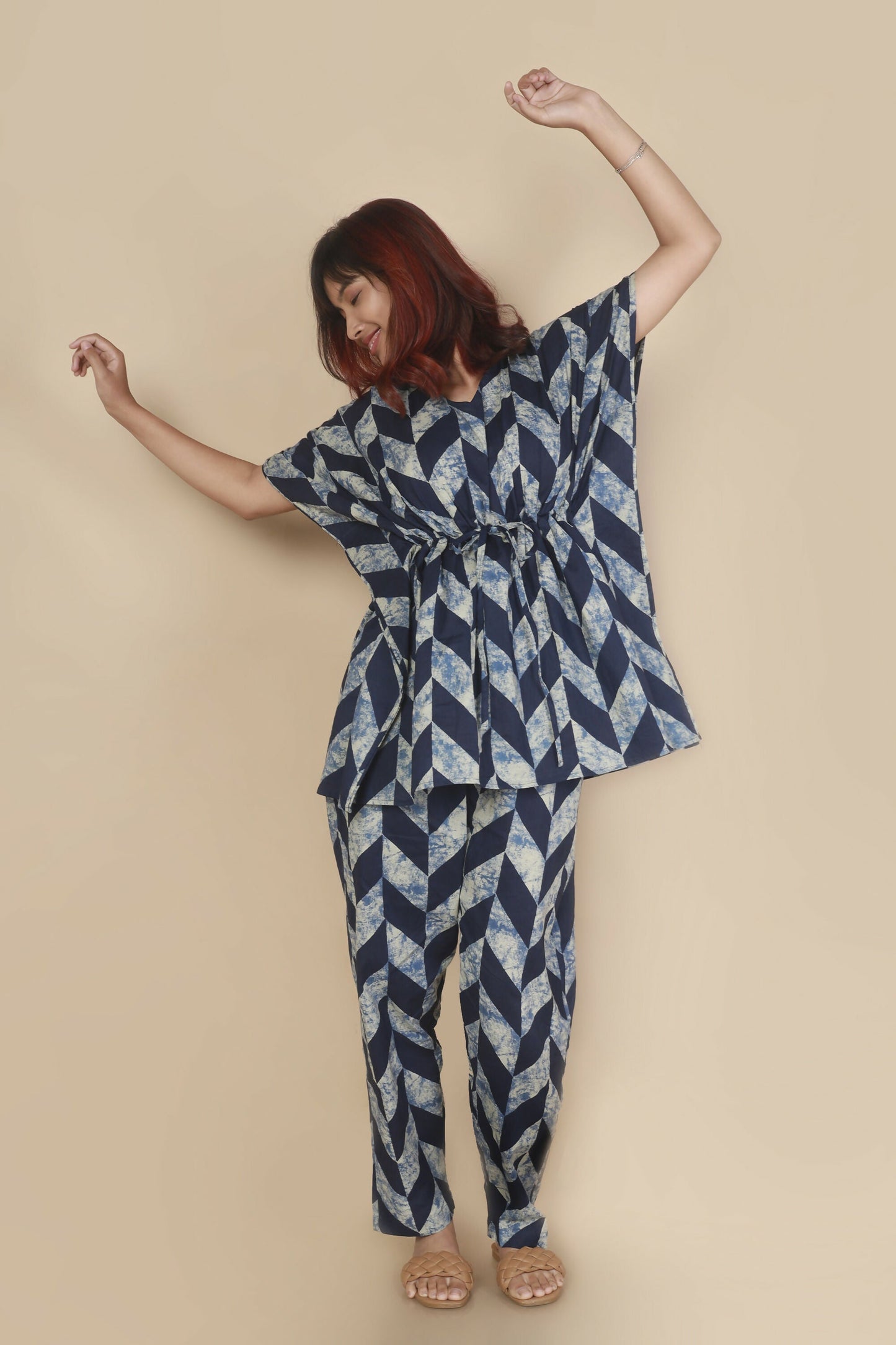 Breathables Women’S Loungewear Kaftan Cotton Blue Geometric Print Co-Ord Set