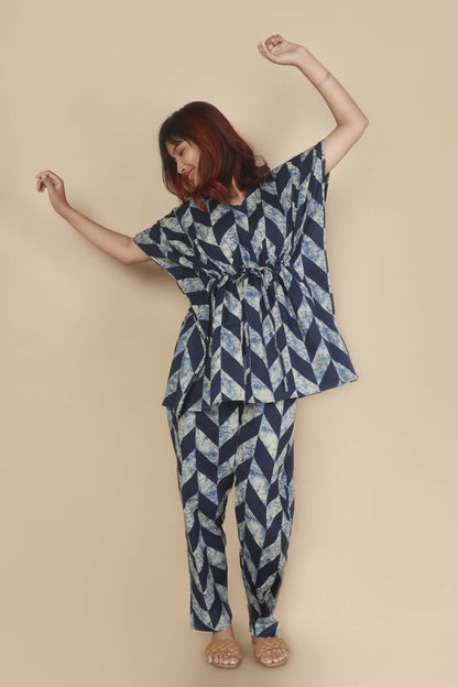 Breathables Women’S Loungewear Kaftan Cotton Blue Geometric Print Co-Ord Set