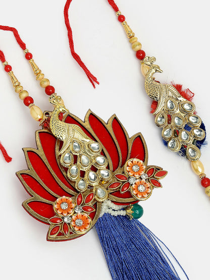 NVR Women & Men Set of 2 Gold-Toned Peacock Design Stone-Studded Bhaiya Bhabhi Rakhi With Roli Chawal & Chocolate