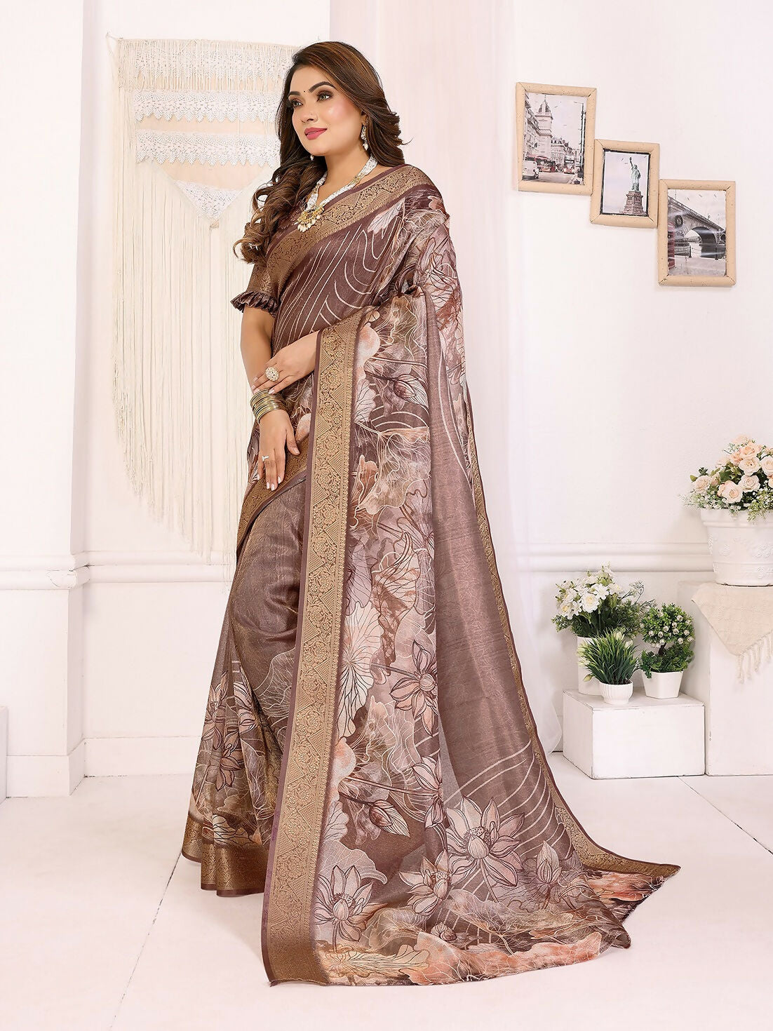 Joban Fashion Brown Floral Print pattern Banarasi Silk Sarees