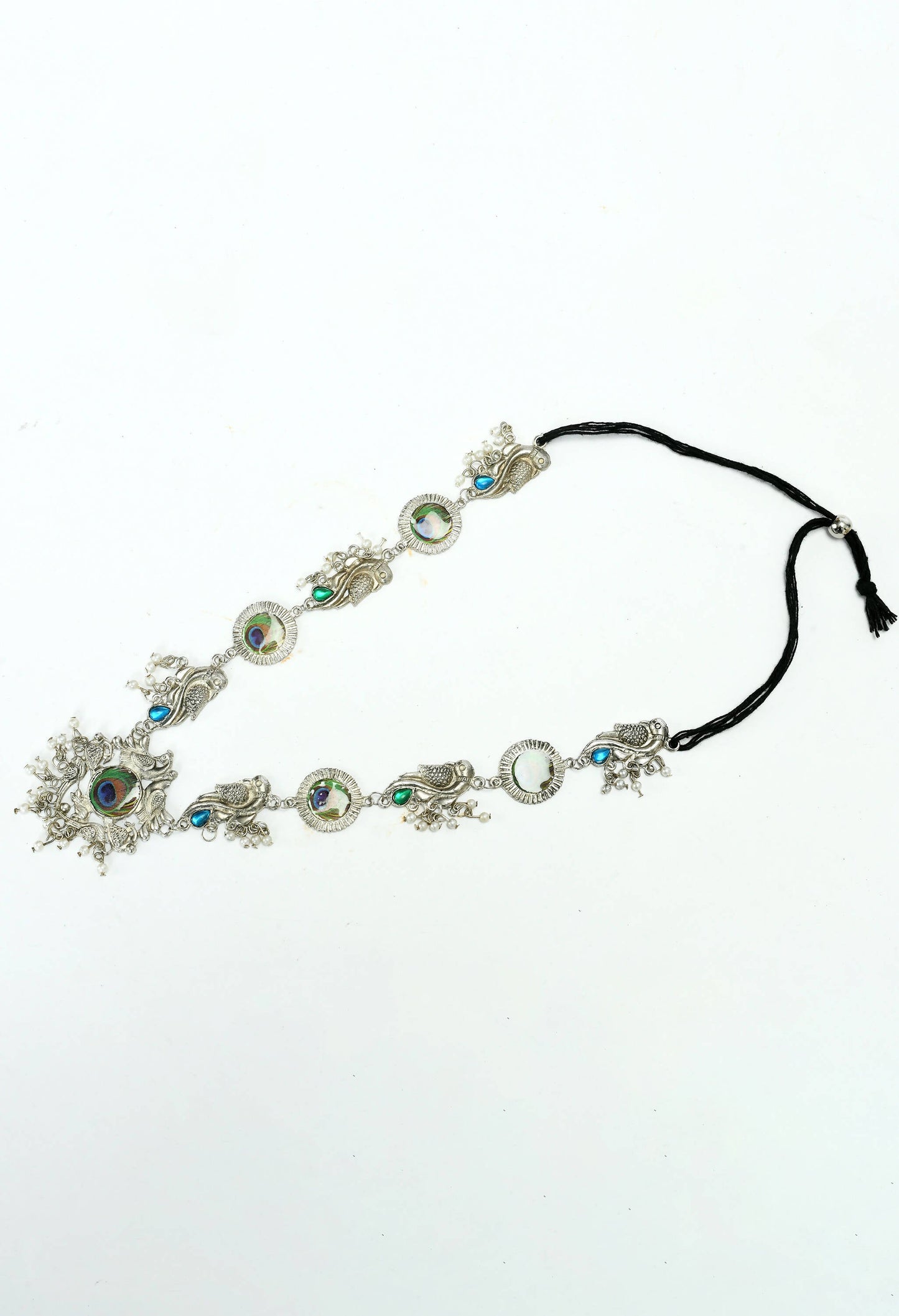Mominos Fashion Johar Kamal Oxidised Silver-Plated Brass Finish Long Necklace For Women (Silver)