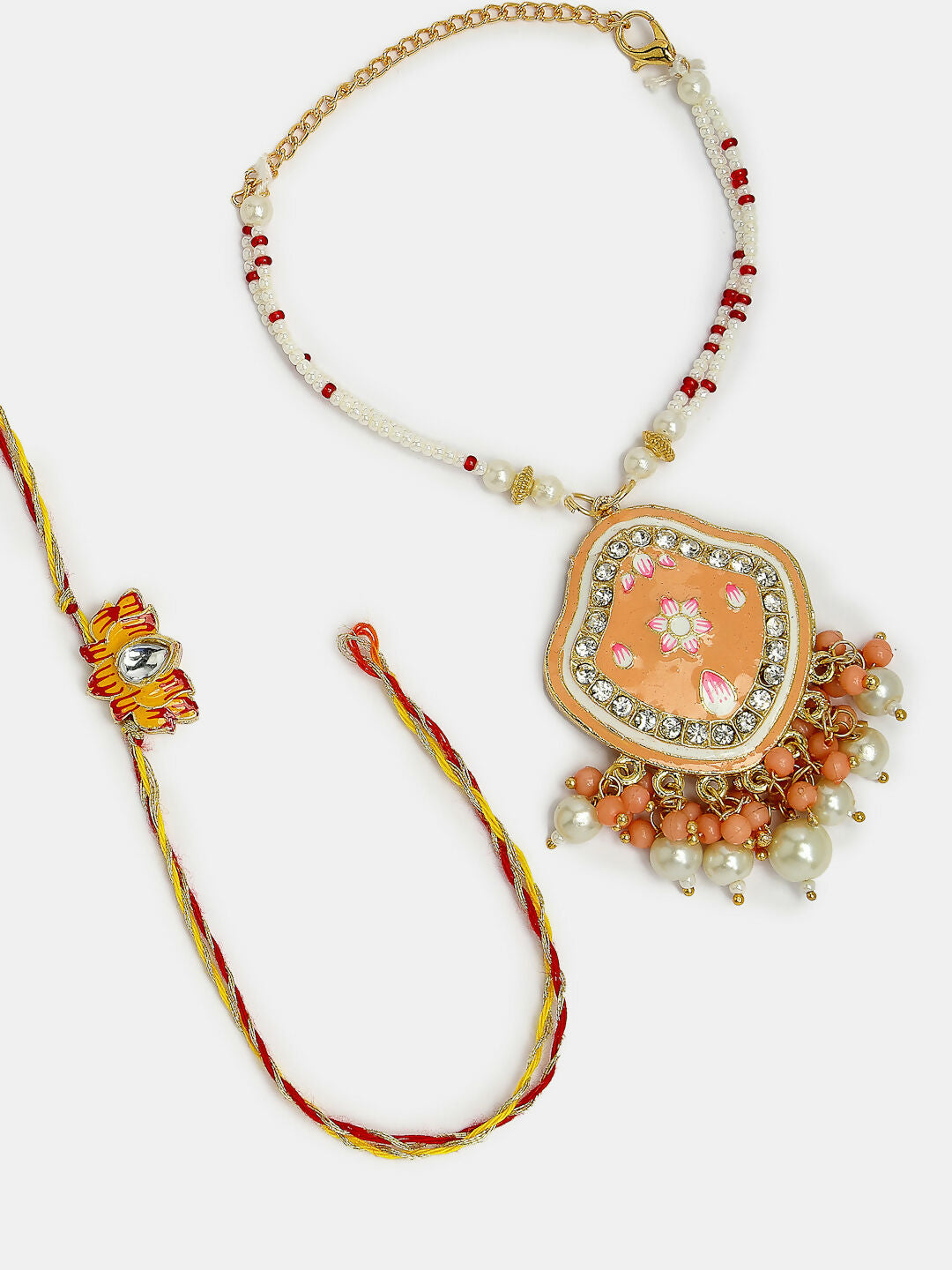 NVR Women & Men Set of 2 Peach Lotus Shape Kundan Stone-Studded & Beaded Bhaiya Bhabhi Rakhi With Roli Chawal & Chocolate