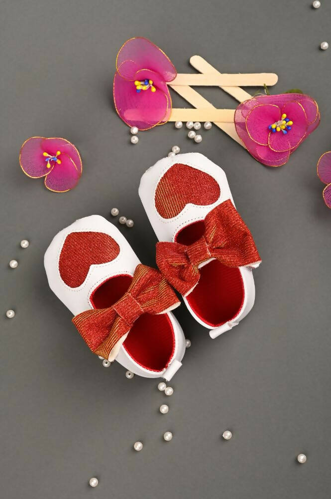 Tiny Bugs Girls Heart Bow Detailing Booties - White & Red