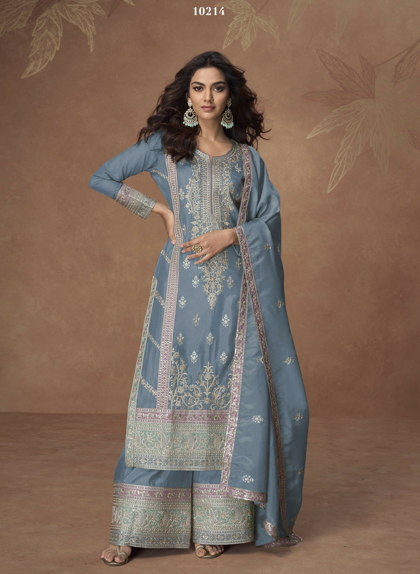 Anaita Sky-Blue Chinon Readymade Palazzo Suit with Embroidery Sequence Work
