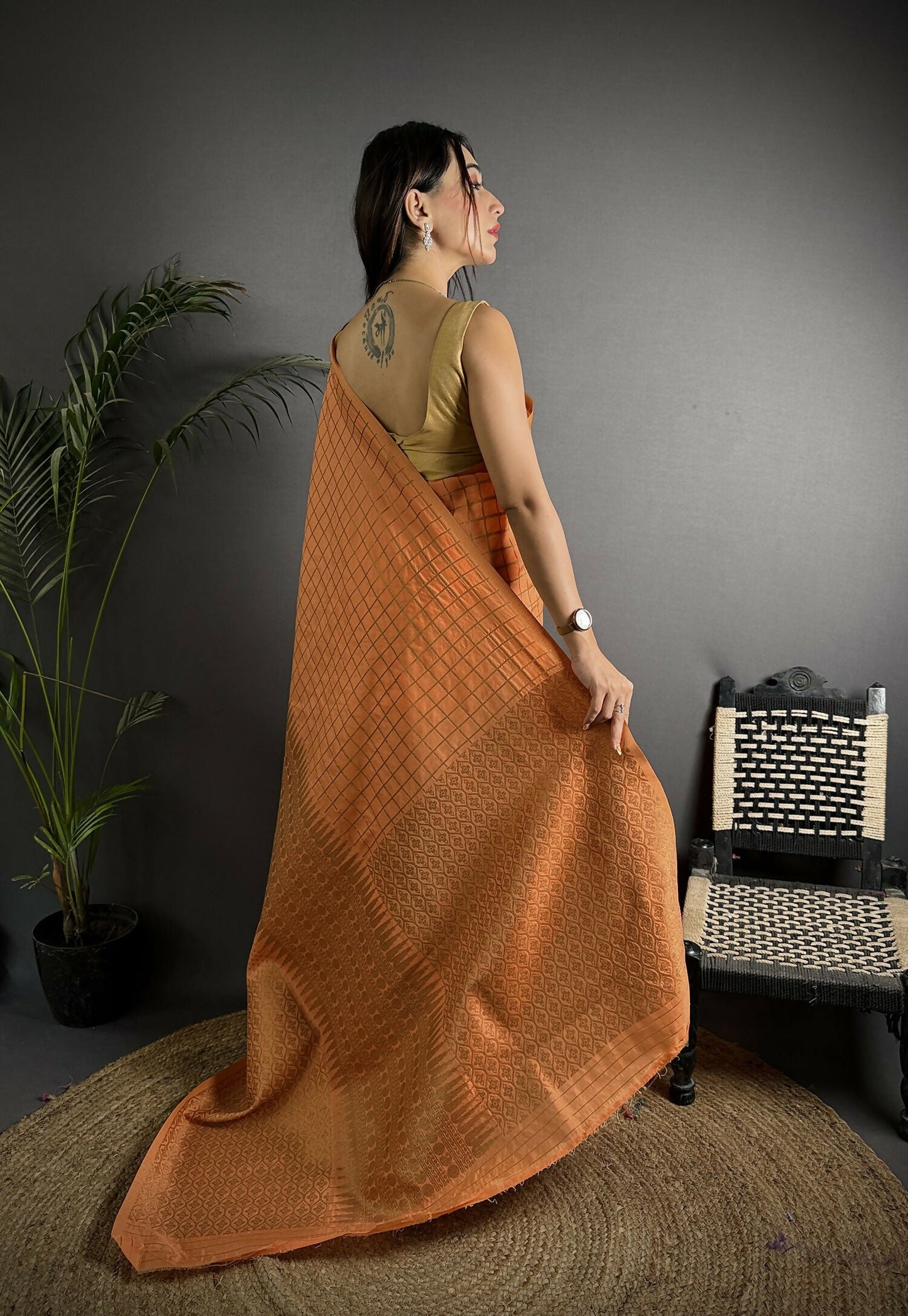 Joban Fashion Orange Banarasi Soft Lichi Silk Checks & Woven Saree