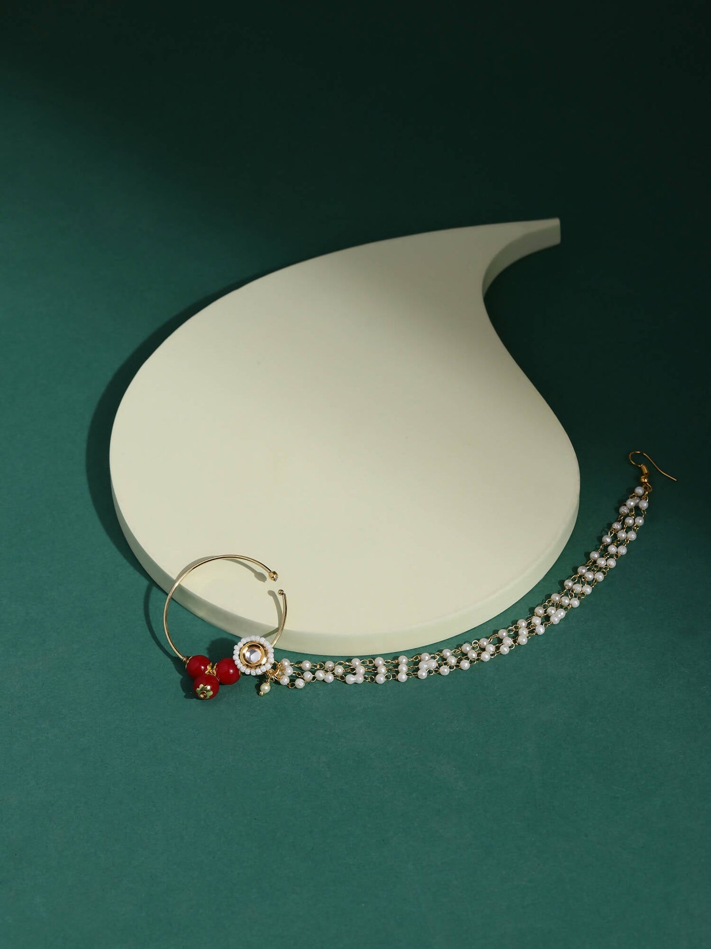 White Red Gold-Polished Kundan-Studded Beaded Nosepin - Ruby Raang