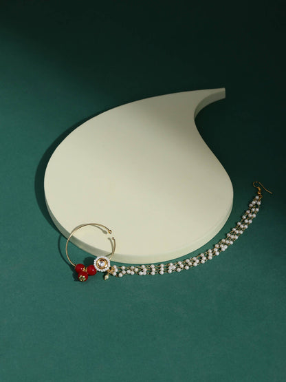 White Red Gold-Polished Kundan-Studded Beaded Nosepin - Ruby Raang