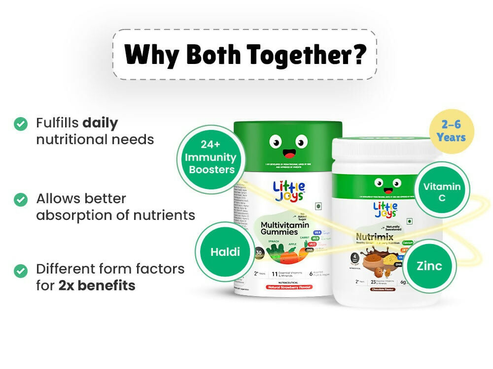 Little Joys Immunity Boosting Nutrimix Nutrition Powder Belgian Chocolate 2 + and Multivitamin Gummies Combo