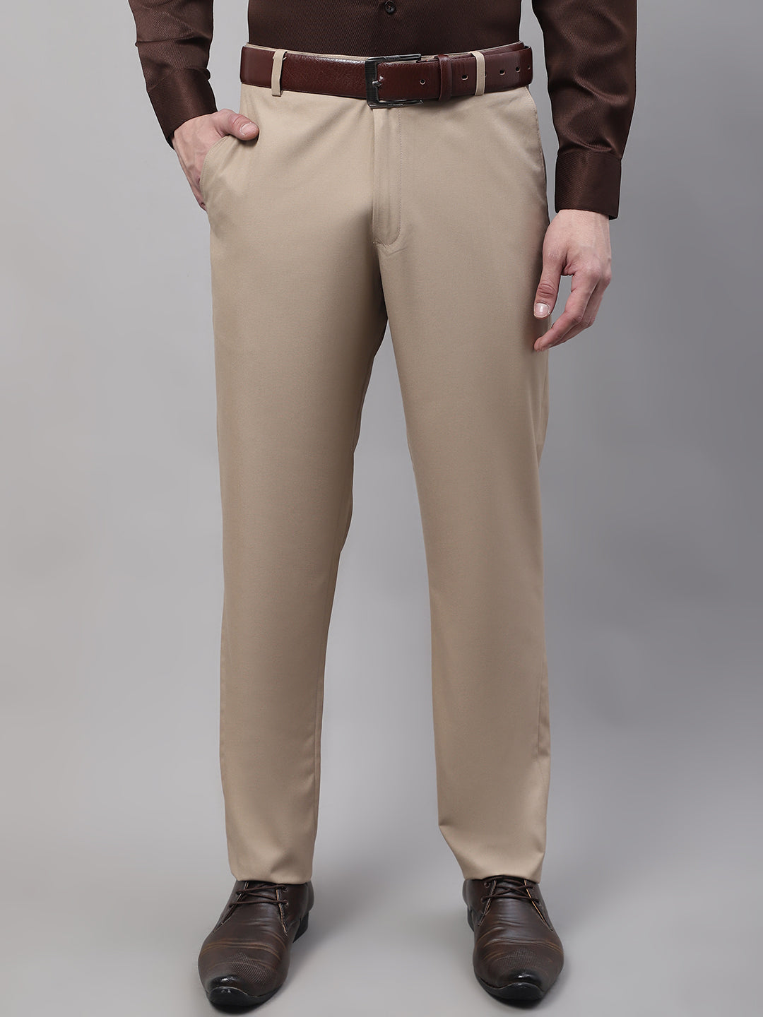 Jainish Men's Beige Tapered Fit Formal Trousers