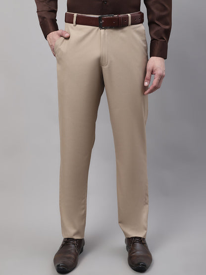 Jainish Men's Beige Tapered Fit Formal Trousers