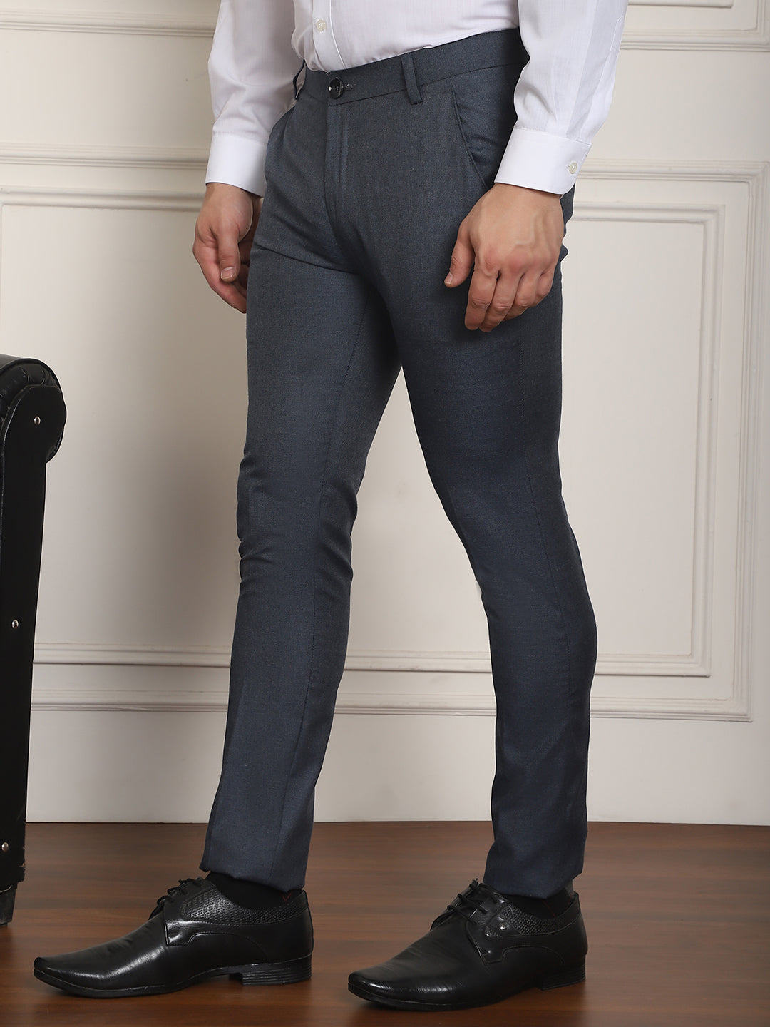 Indian Needle Men's Tapered Fit Solid Trousers - Charcoal