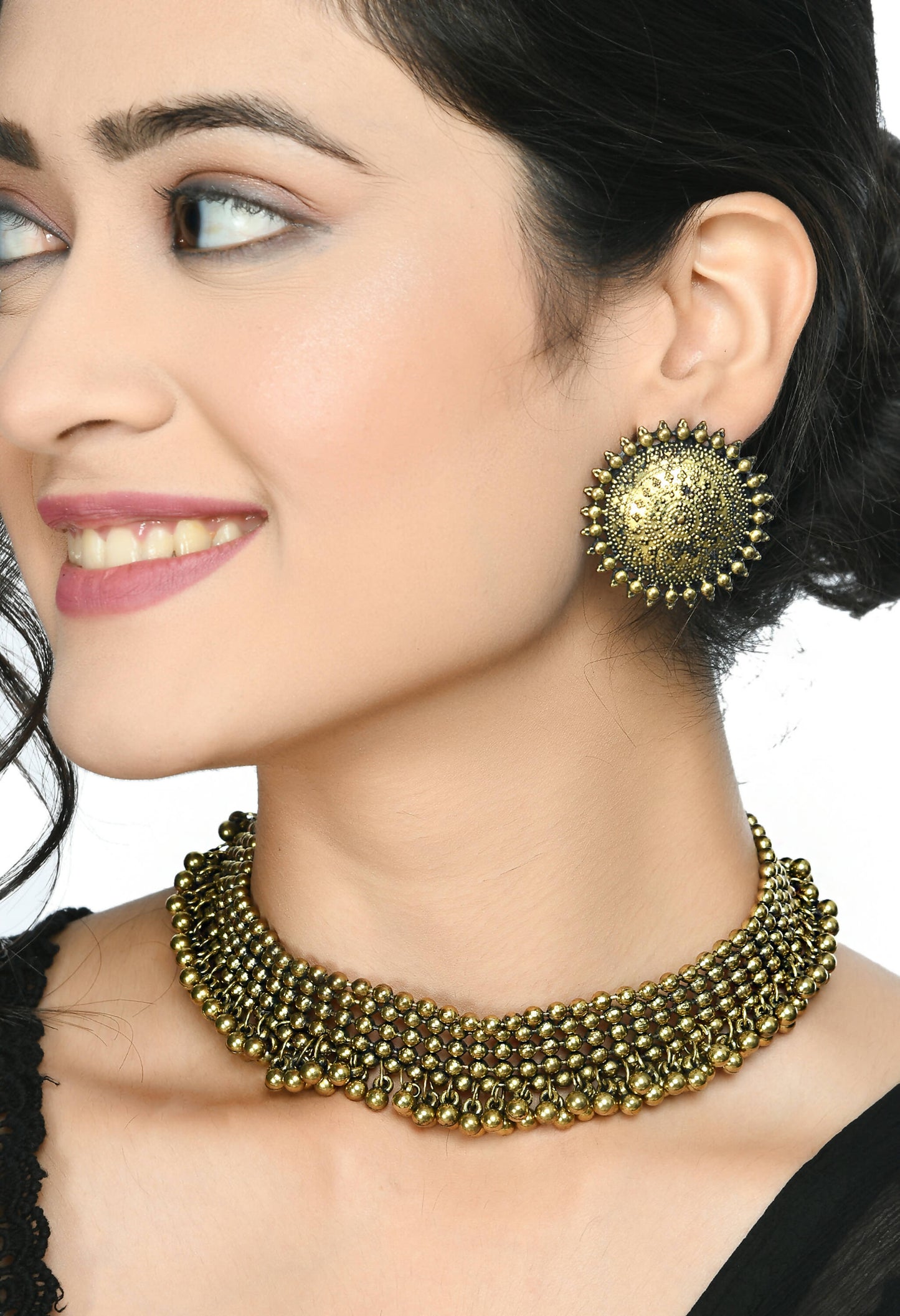 Mominos Fashion Johar Kamal Oxidised Gold-Polished Brass Finish Ghungroo Design Choker Set