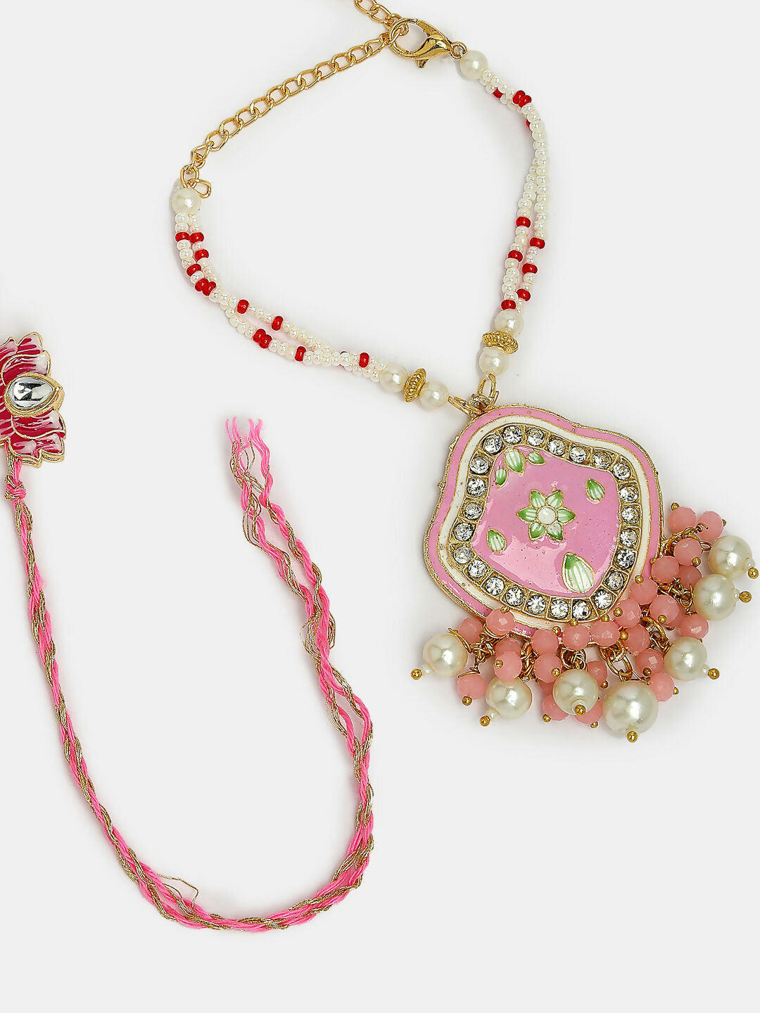 NVR Women & Men Set of 2 Pink Lotus Shape Kundan Stone-Studded & Beaded Bhaiya Bhabhi Rakhi With Roli Chawal