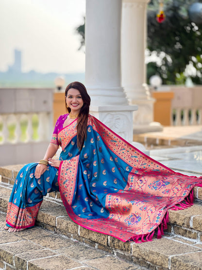 Mameraa Sarees Teal Blue Faux Banarasi Silk Saree With Paithani Rich Weaved Pallu And Blouse-Teal