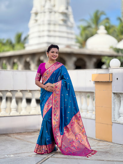 Mameraa Sarees Teal Blue Faux Banarasi Silk Saree With Paithani Rich Weaved Pallu And Blouse-Teal