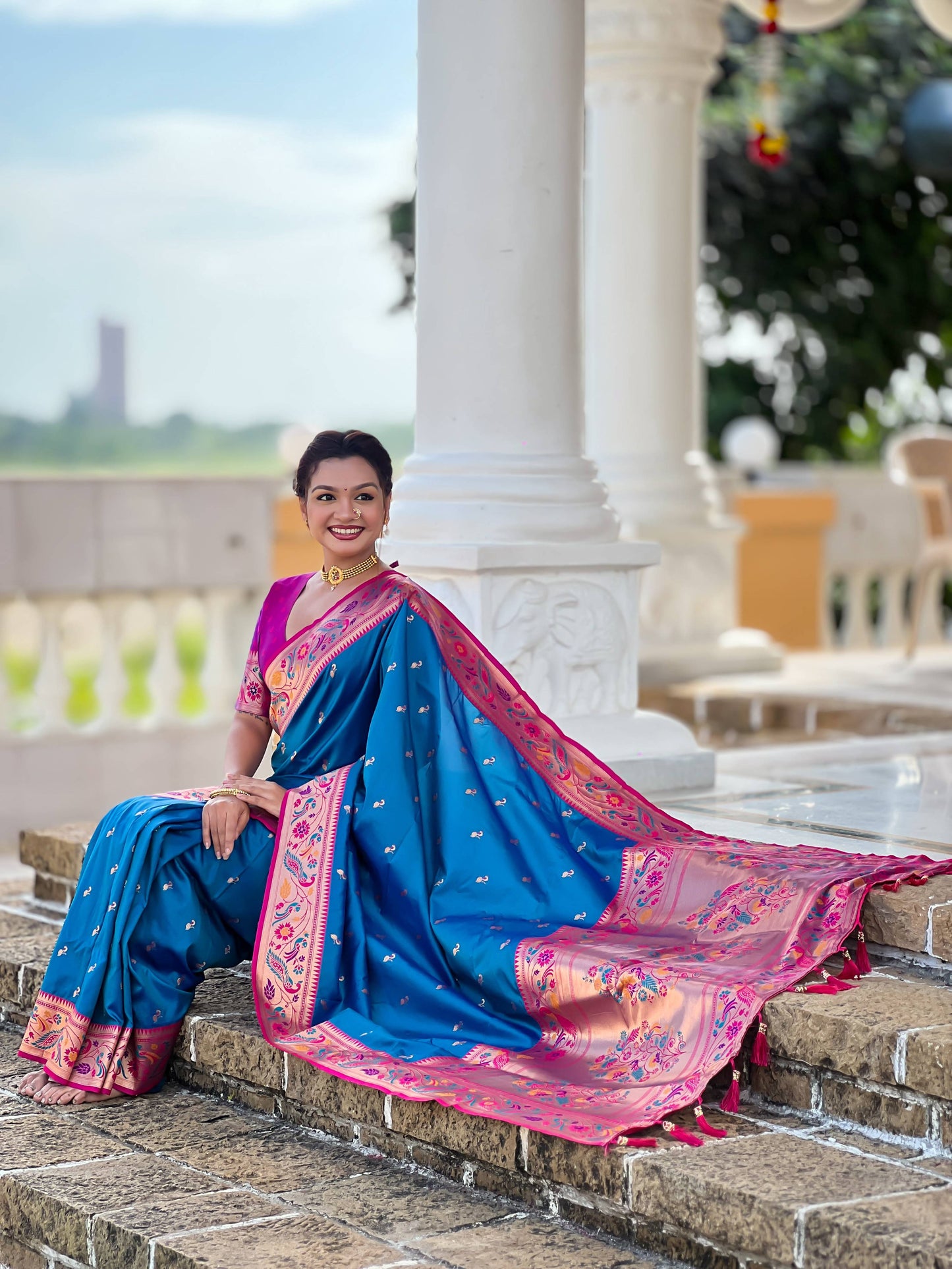 Mameraa Sarees Teal Blue Faux Banarasi Silk Saree With Paithani Rich Weaved Pallu And Blouse-Teal