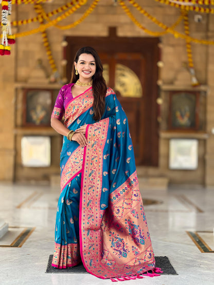 Mameraa Sarees Teal Blue Faux Banarasi Silk Saree With Paithani Rich Weaved Pallu And Blouse-Teal