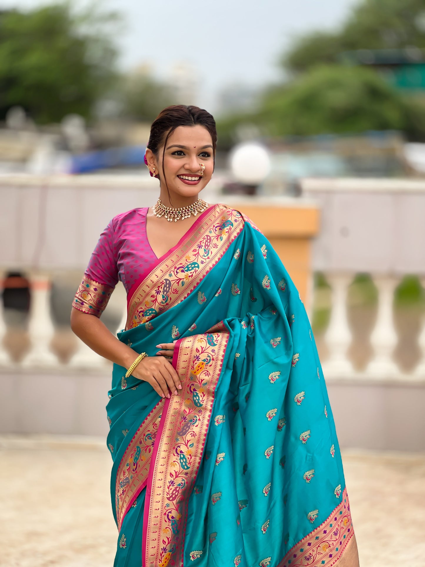 Mameraa Sarees Sky Blue Faux Banarasi Silk Saree With Paithani Rich Weaved Pallu And Blouse-Sky_Blue