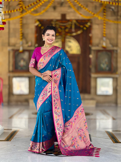 Mameraa Sarees Teal Blue Faux Banarasi Silk Saree With Paithani Rich Weaved Pallu And Blouse-Teal