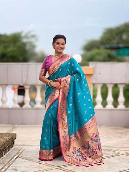 Mameraa Sarees Sky Blue Faux Banarasi Silk Saree With Paithani Rich Weaved Pallu And Blouse-Sky_Blue