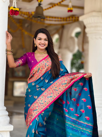 Mameraa Sarees Teal Blue Faux Banarasi Silk Saree With Paithani Rich Weaved Pallu And Blouse-Teal