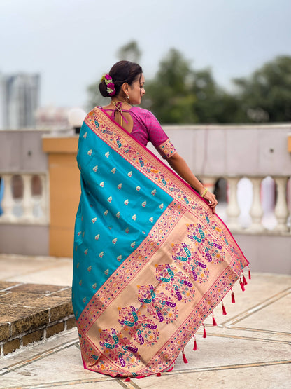 Mameraa Sarees Sky Blue Faux Banarasi Silk Saree With Paithani Rich Weaved Pallu And Blouse-Sky_Blue