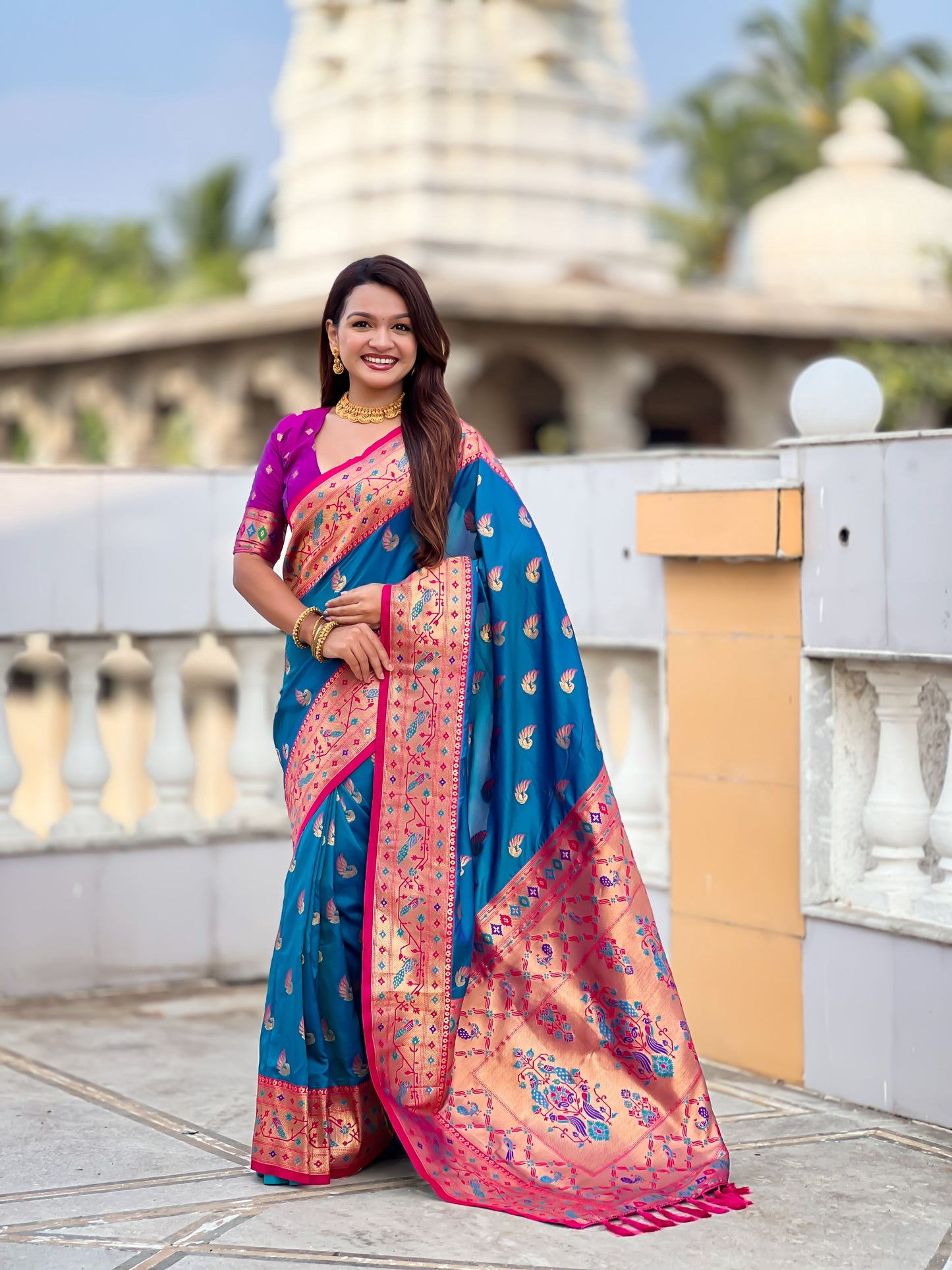 Mameraa Sarees Teal Blue Faux Banarasi Silk Saree With Paithani Rich Weaved Pallu And Blouse-Teal