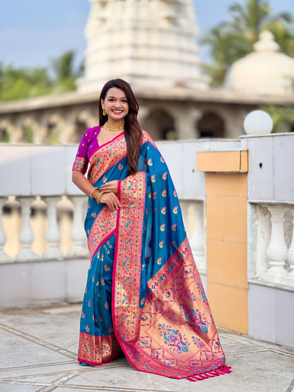 Mameraa Sarees Teal Blue Faux Banarasi Silk Saree With Paithani Rich Weaved Pallu And Blouse-Teal