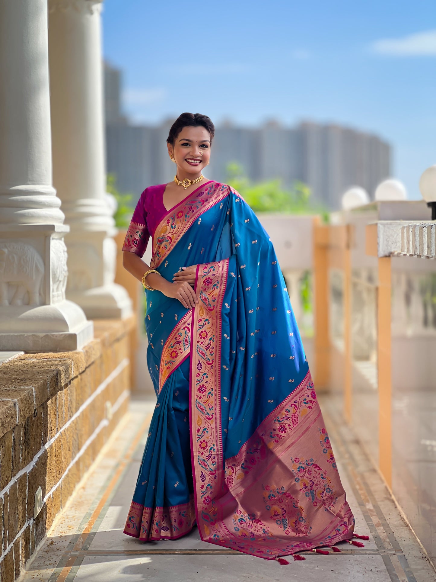 Mameraa Sarees Teal Blue Faux Banarasi Silk Saree With Paithani Rich Weaved Pallu And Blouse-Teal