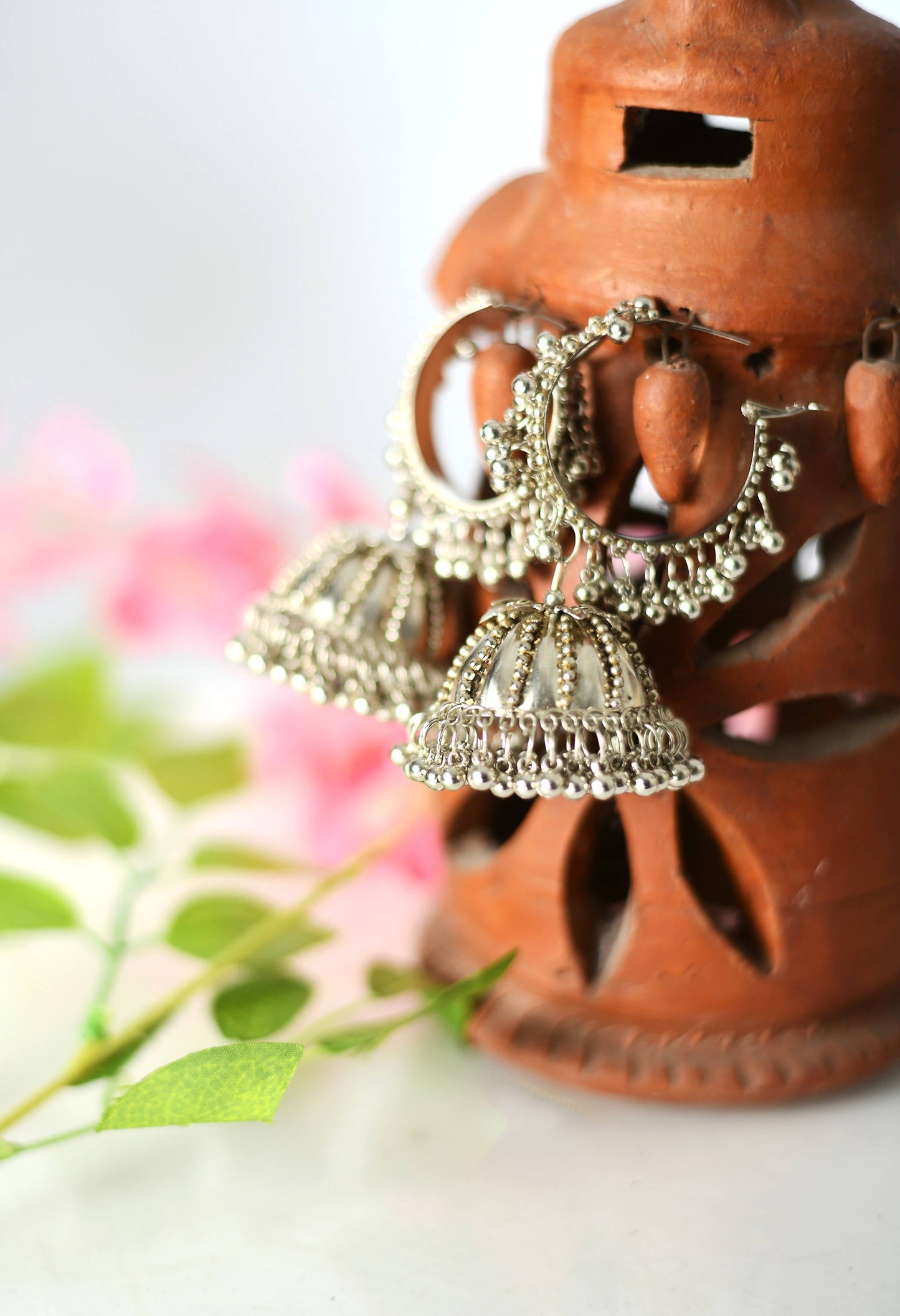 Mominos Fashion Johar Kamal Oxidised Silver-Plated With Ghungroo Jhumkas