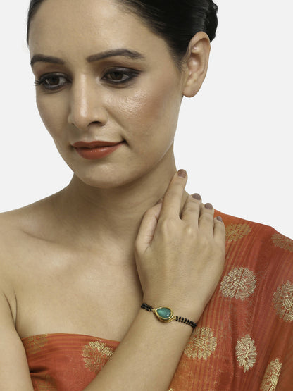 Women's Black Gold-Toned Gold-Polished Kundan Studded Charm Mangalsutra Bracelet - Ruby Raang