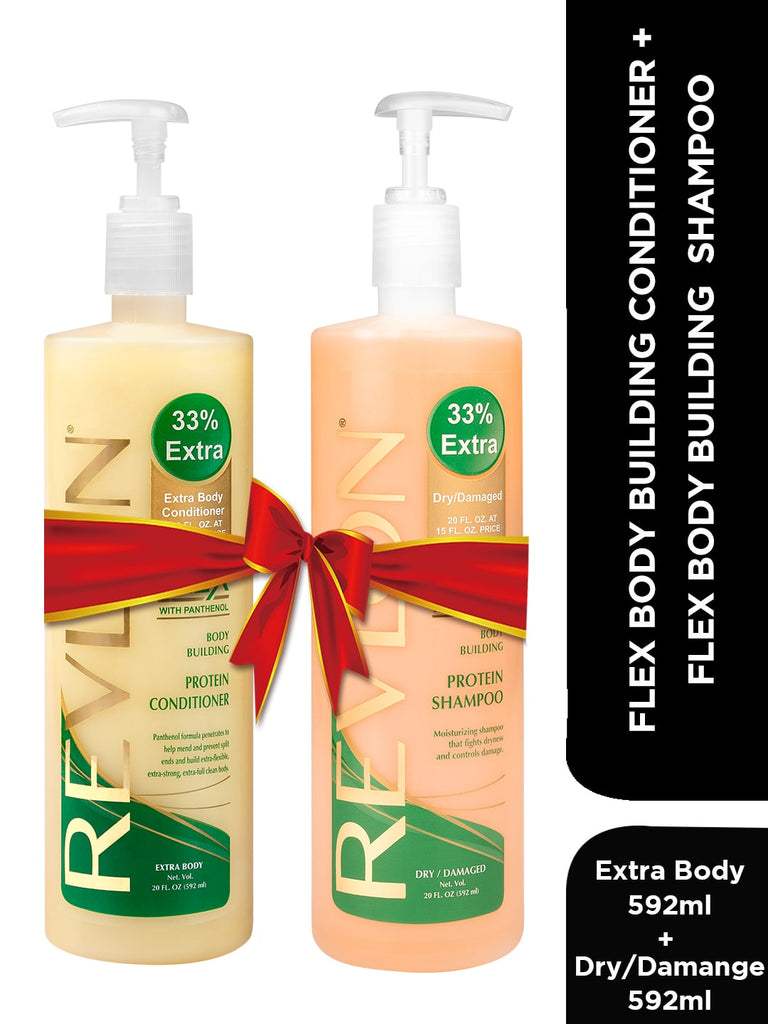 REVLON FLEX BODY BUILDING CONDITIONER EXTRA BODY + FLEX BODY BUILDING PROTEIN SHAMPOO DRY/DAMAGED - 1184 ml