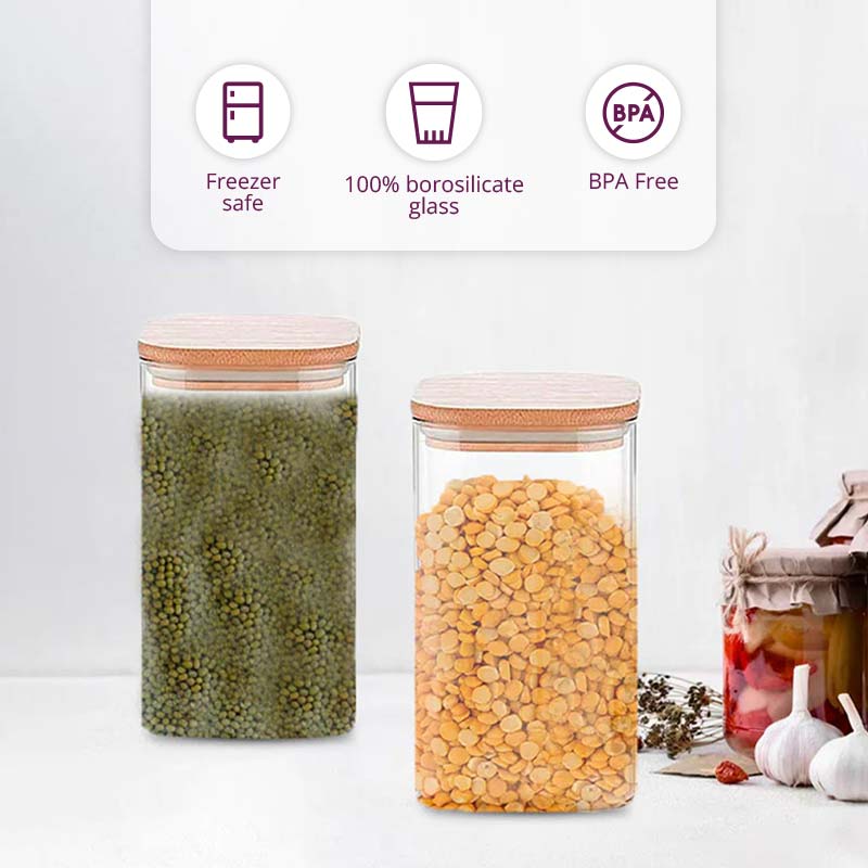 Glass Bamboo Lid Air Tight Jar | 1L | Set of 2