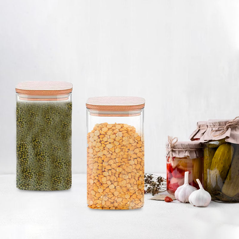 Glass Bamboo Lid Air Tight Jar | 700 ml | Set of 2
